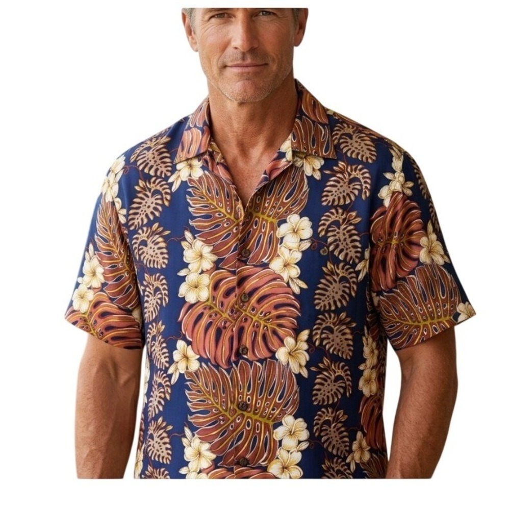 Silk Traders Hawaii Mens‎ Medium Silk Hawaiian Aloha Shirt Monstera Leaf Floral